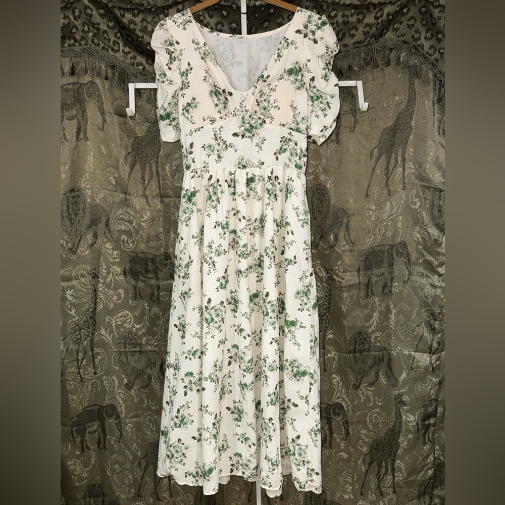 Floral Cream Maxi Dress with Green Print